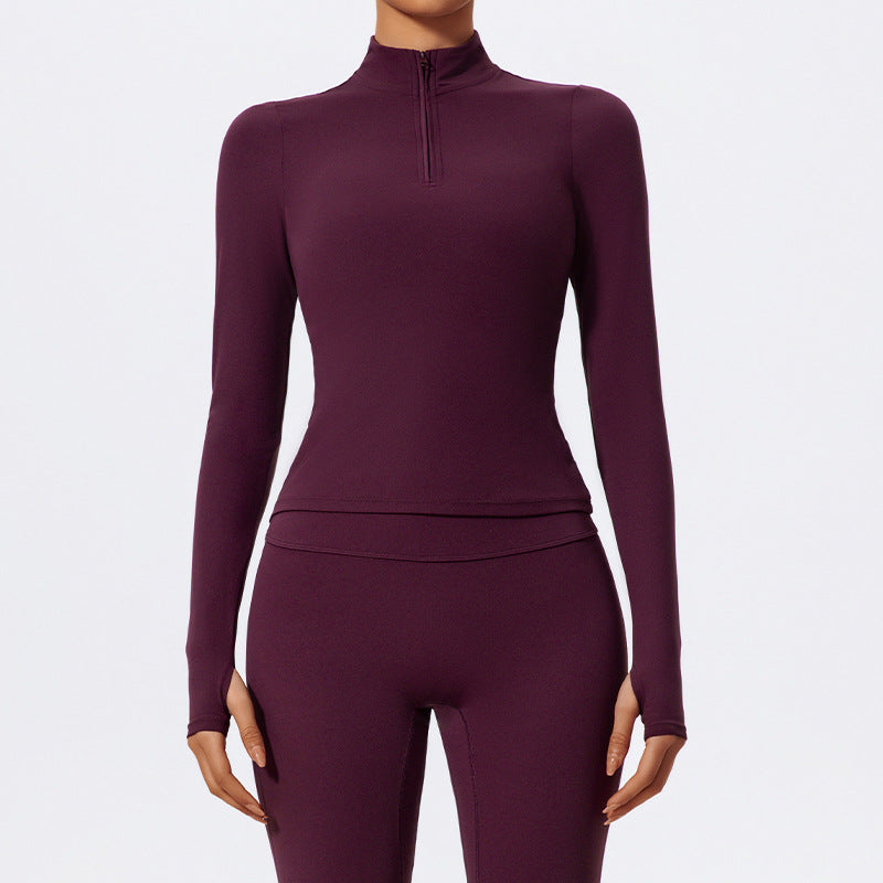 Haut de yoga à manches longues et demi-fermeture éclair pour femme, couleur unie, avec élasthanne