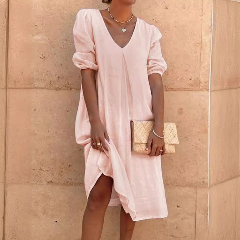 Women Casual Long Sleeve Cotton Linen Dress