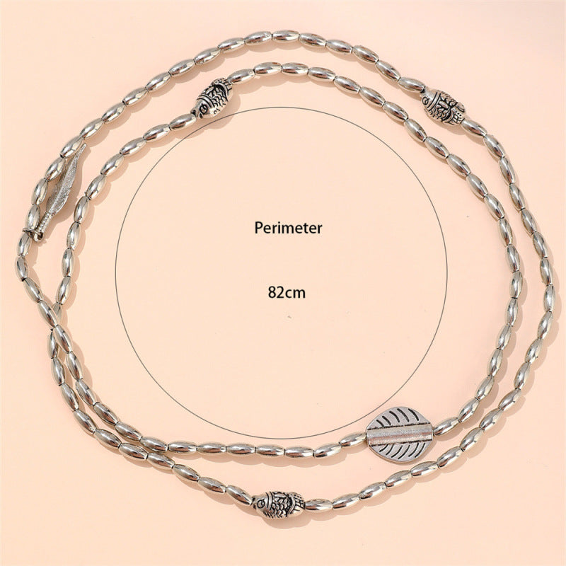 Cadena para el pie con cuentas de pez y colgante de hoja bohemia para mujer