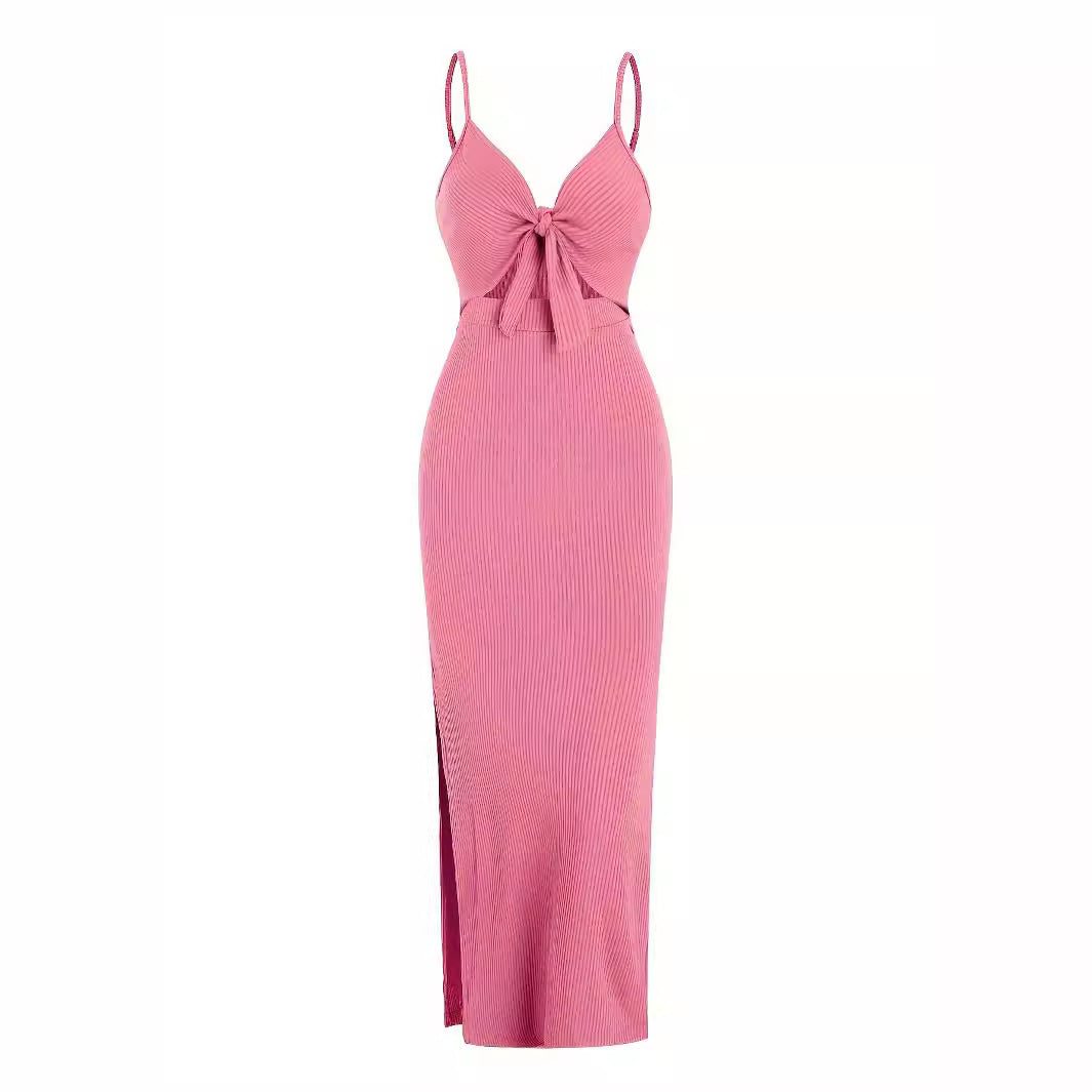 Women Elegant Sleeveless Slim-Fit Solid Color Dress - V-Neck Backless Style