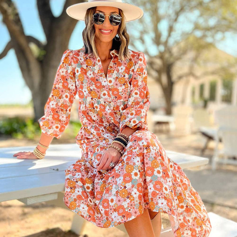 Robe mi-longue décontractée à manches longues et imprimé floral style bohème pour femme