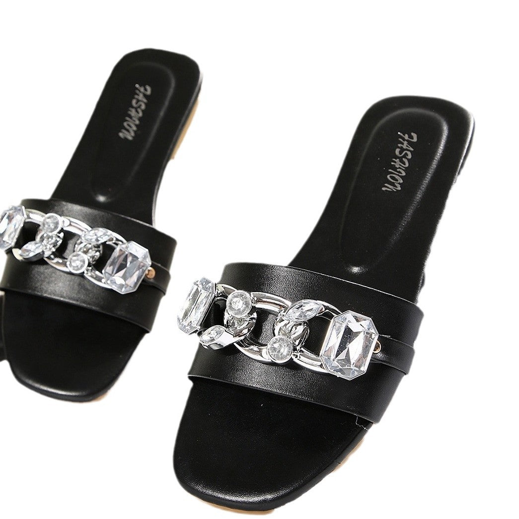 Women Fashion Casual Metal Buckle Square-Toe Flat Slippers