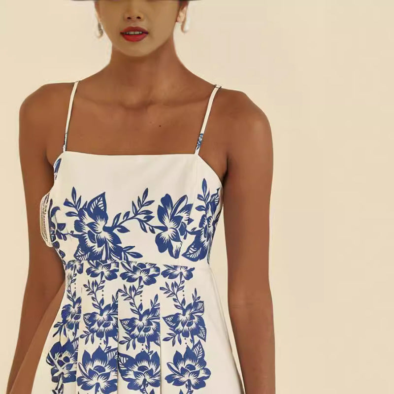 Vestido largo bohemio con tirantes y estampado informal para mujer en azul