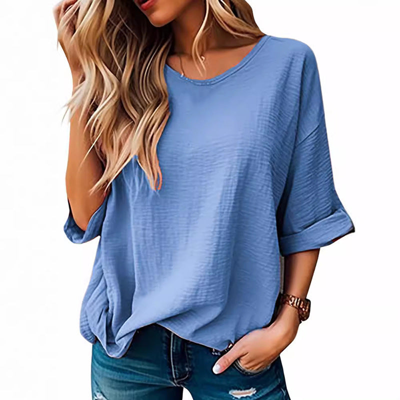 T-shirt décontracté à manches courtes en coton et lin pour femme, couleur unie