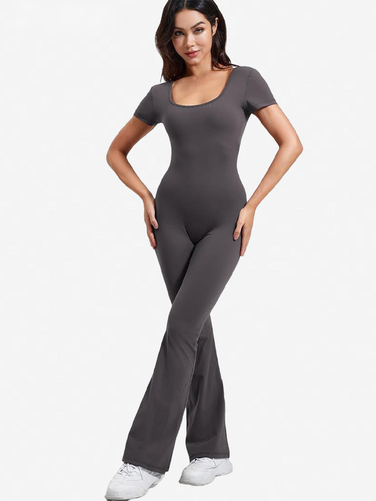 Women Casual Solid Color Square Neck Backless Jumpsuits - Yoga and Sports