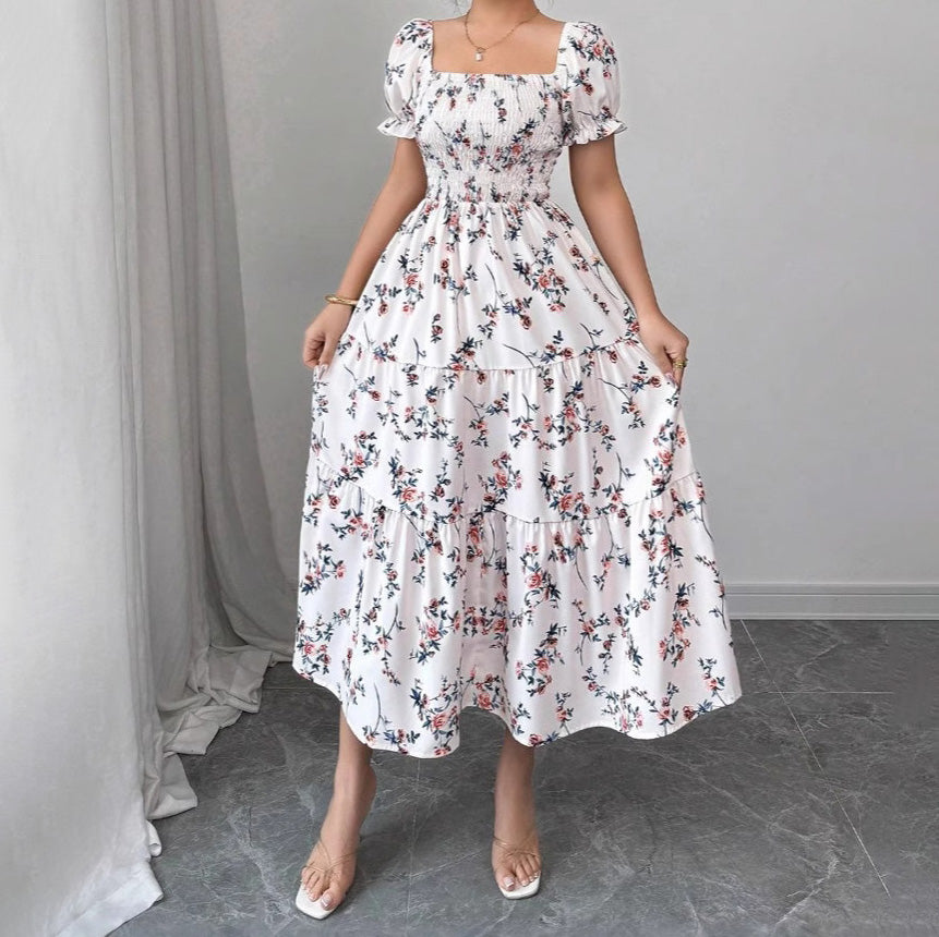 Women Fashion Floral Printed Square Neck Dress