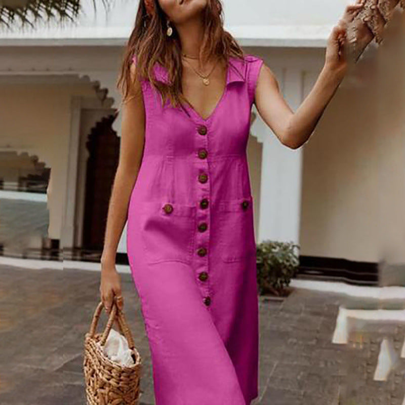 Women Casual V-Neck Sleeveless Midi Dress