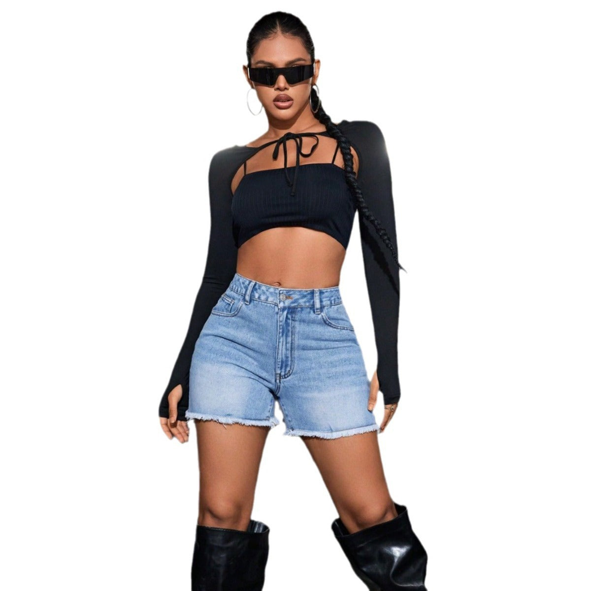 Pantalones cortos vaqueros holgados de cintura alta informales a la moda para mujer