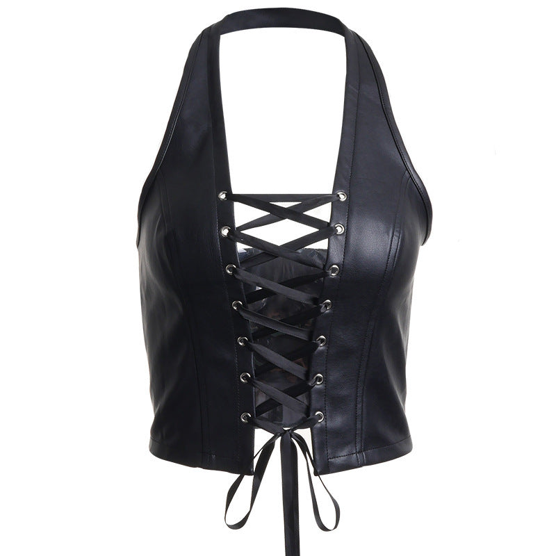 Haut court sexy sans manches en PU à lacets de couleur unie pour femme