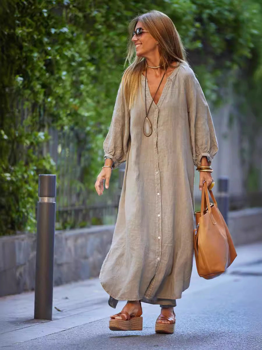 Vestido largo elegante de lino y algodón informal a la moda para mujer