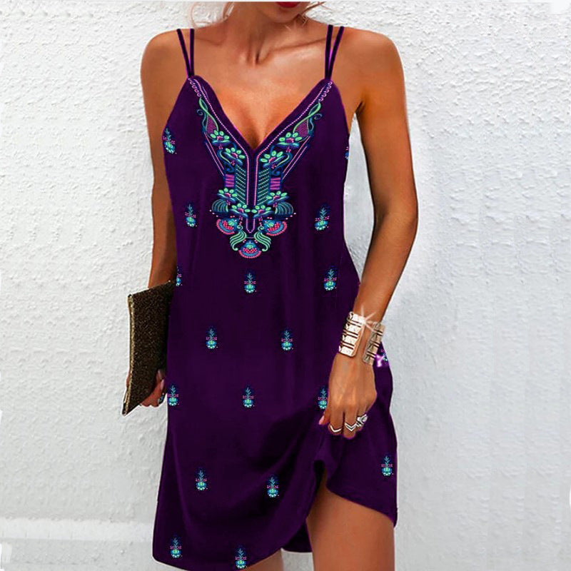Women Casual Vintage Sleeveless Floral Printed Summer Bohemian V- Neck Dress
