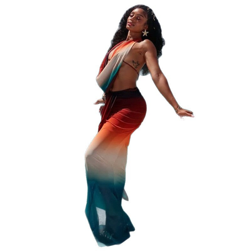 Mesh Vacation Sexy Backless Gradient Two-Piece Skirt Set