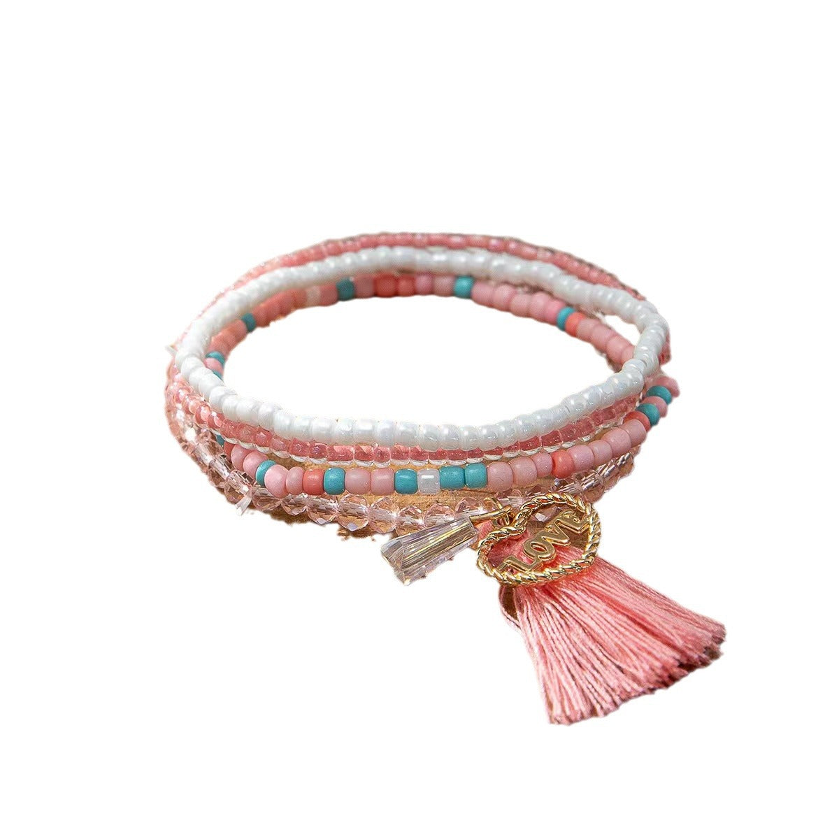 Pulsera de borla rosa con corazón de amor de aleación bohemia