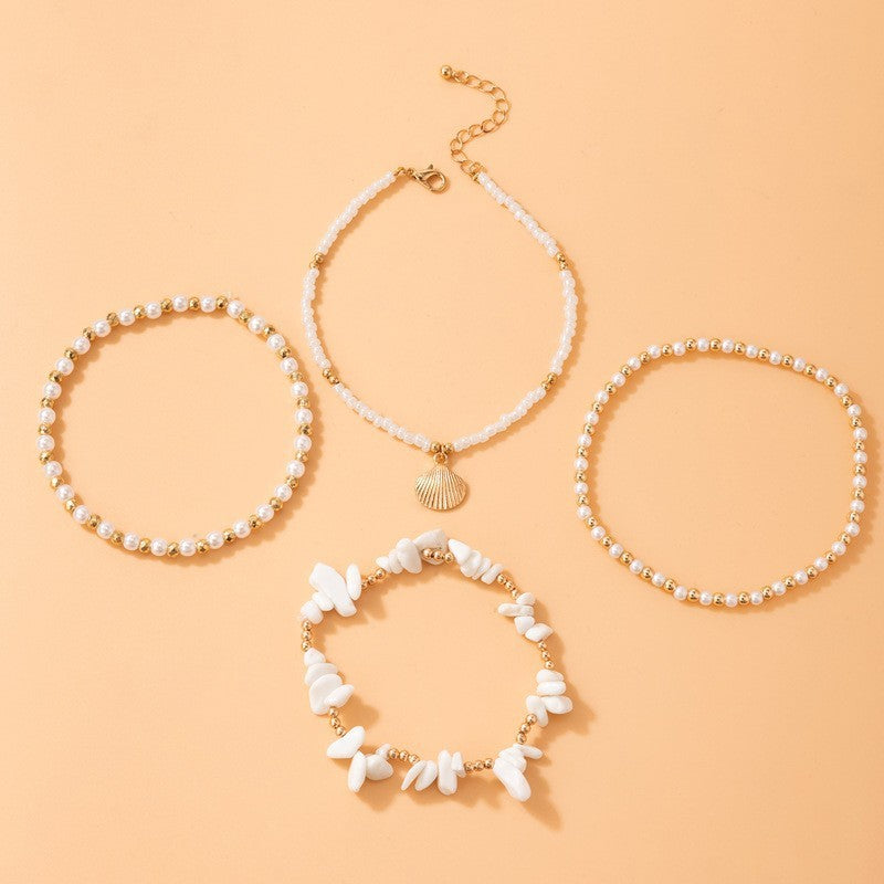 Conjunto de tobilleras con diseño de concha y perlas de imitación bohemias