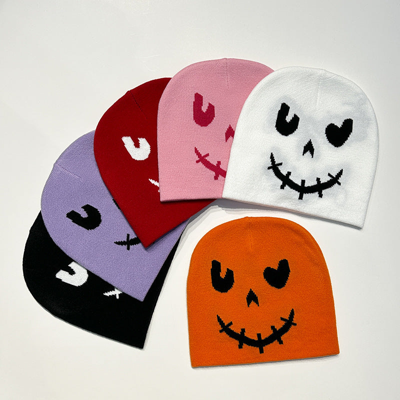Gorro de lana de punto con cara sonriente de Halloween para invierno
