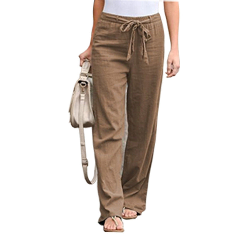 Women Solid Color Linen High Waist Lace Up Wide Leg Pants