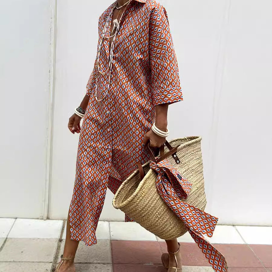 Women Casual Printed Single-Breasted Shirt Dress