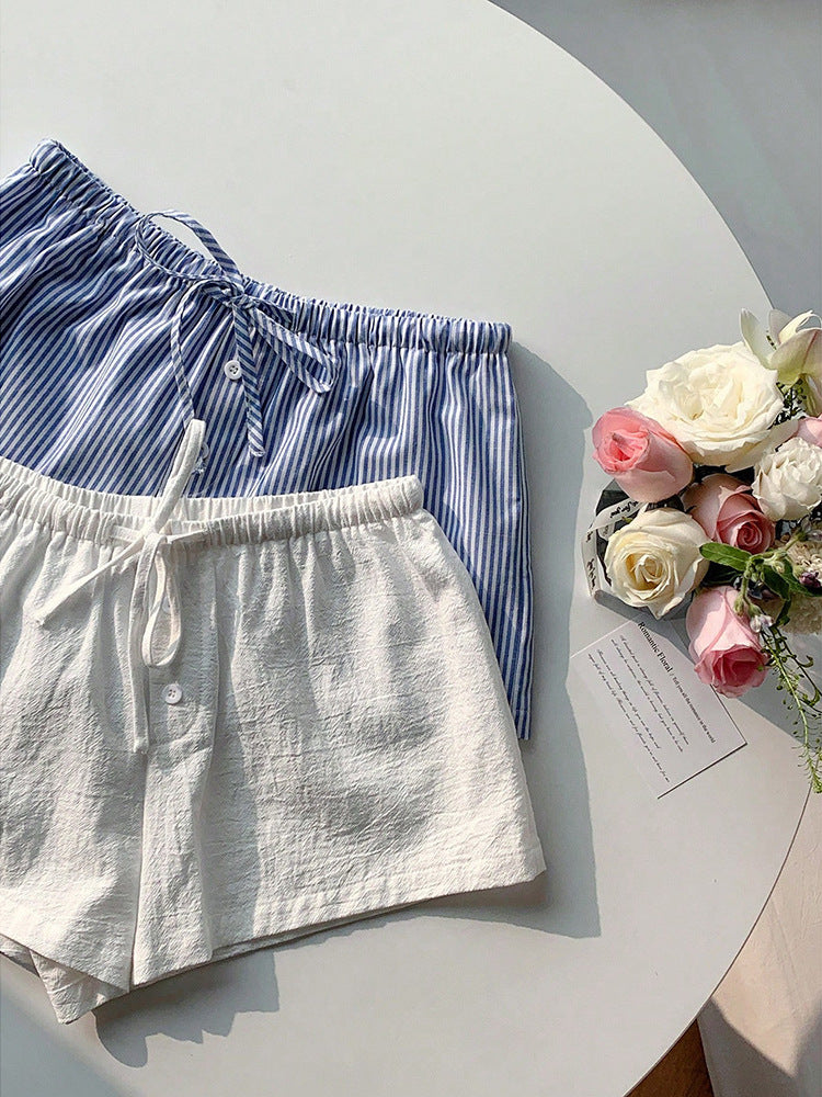 Short d'été décontracté à rayures et cordon de serrage pour femme - Bermuda ample en polyester