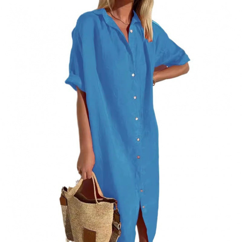 Robe décontractée en coton et lin à manches courtes pour femme avec poche et revers
