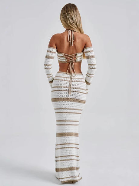 Women Fashion Sexy Stripe Halter-Neck Top Set
