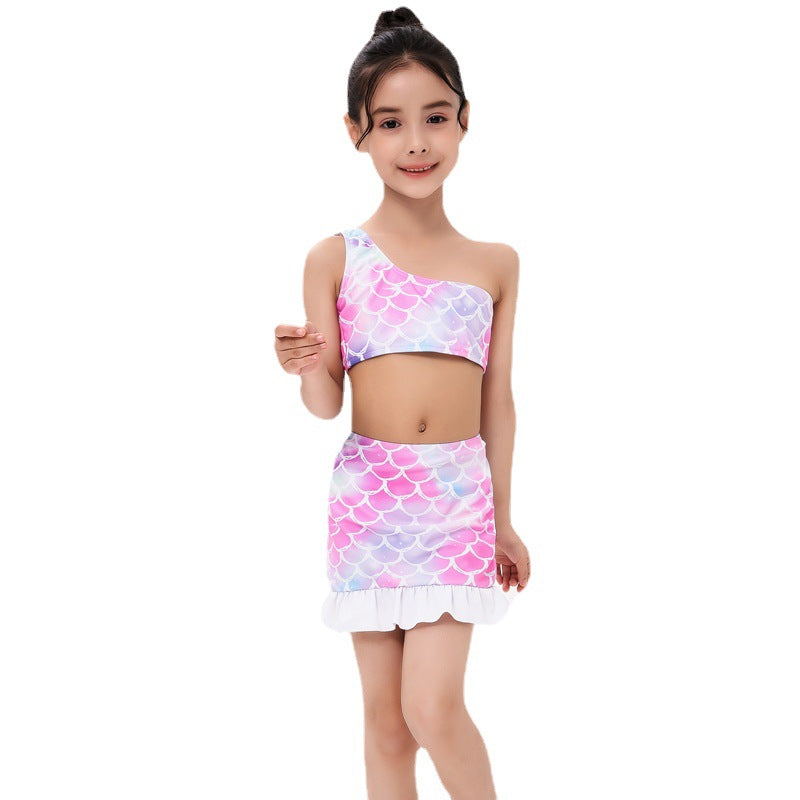 Traje de baño de tres piezas con estampado de sirena para niña