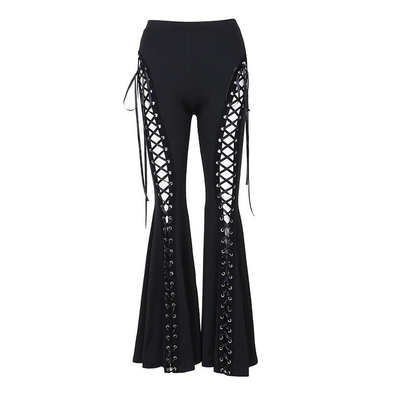 Women Fashion Sexy Gothic Hollow-Out Lace-Up Flared Pants