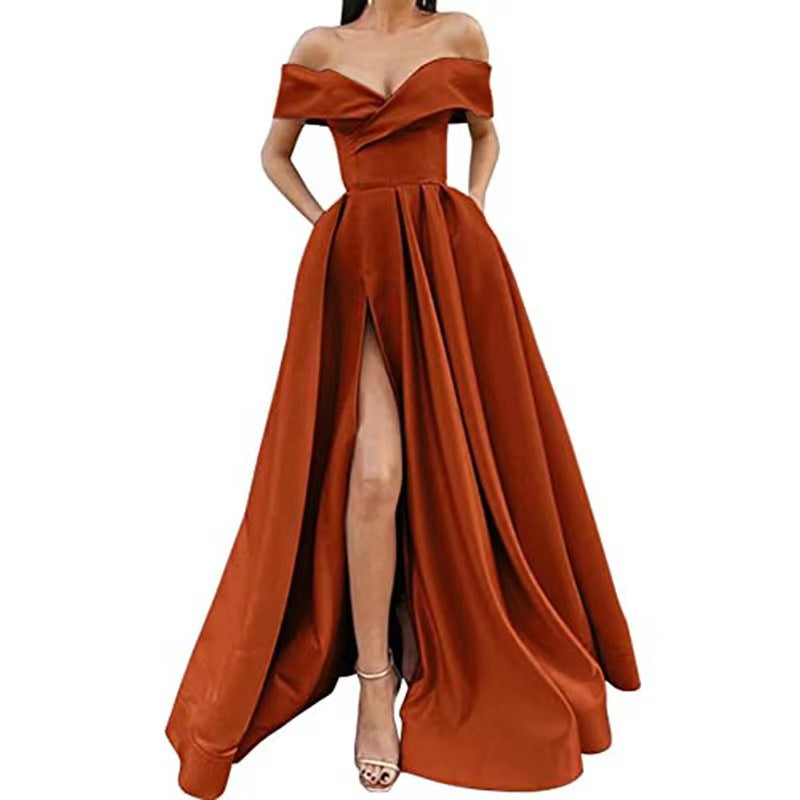 Women Sexy Elegant Satin Deep V-Neck Off Shoulder Party Dress