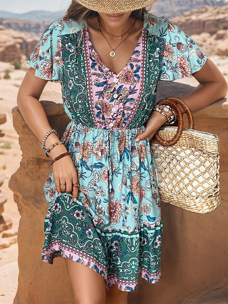 Summer Women Casual Bohemian V-Neck Floral Print Short Sleeve Dress
