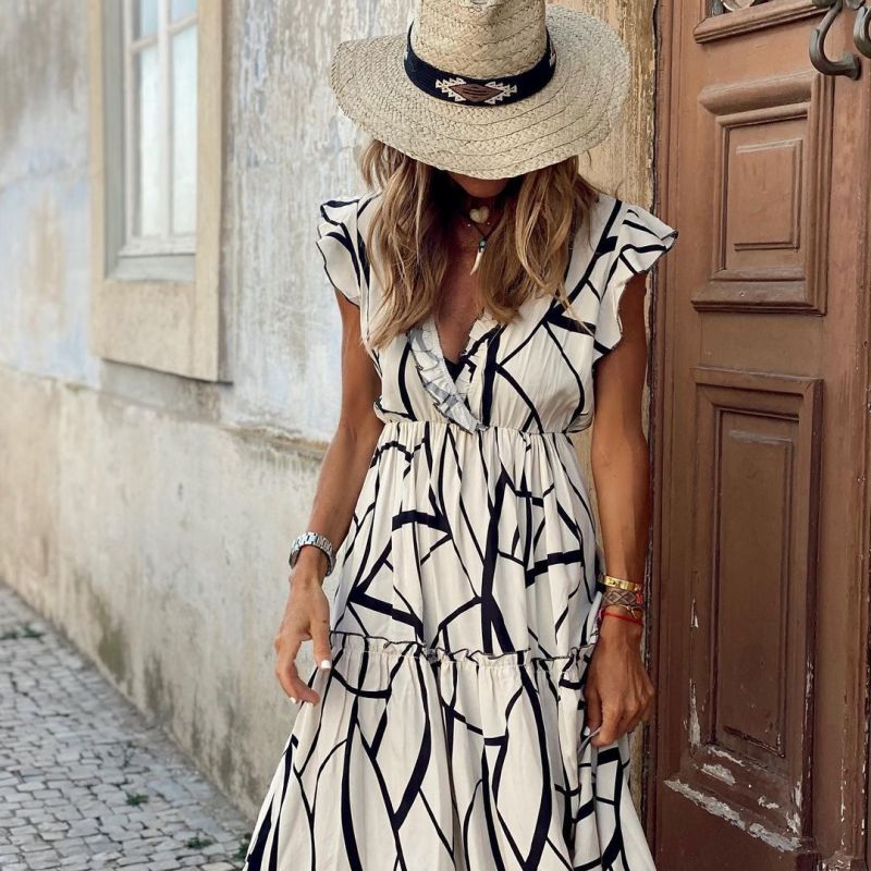 Robe longue décontractée à volants et col en V pour femme, imprimé géométrique