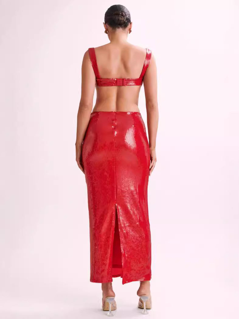Women Fashion Sexy Sequin Sleeveless Backless Slim Dress
