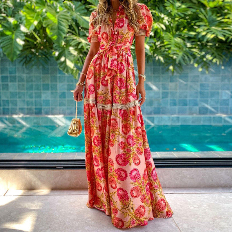 Vestido largo elegante de manga corta con solapa y estampado floral estilo bohemio para mujer