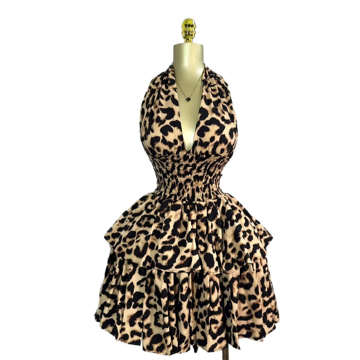 Robe sexy à col licou et imprimé léopard pour femme