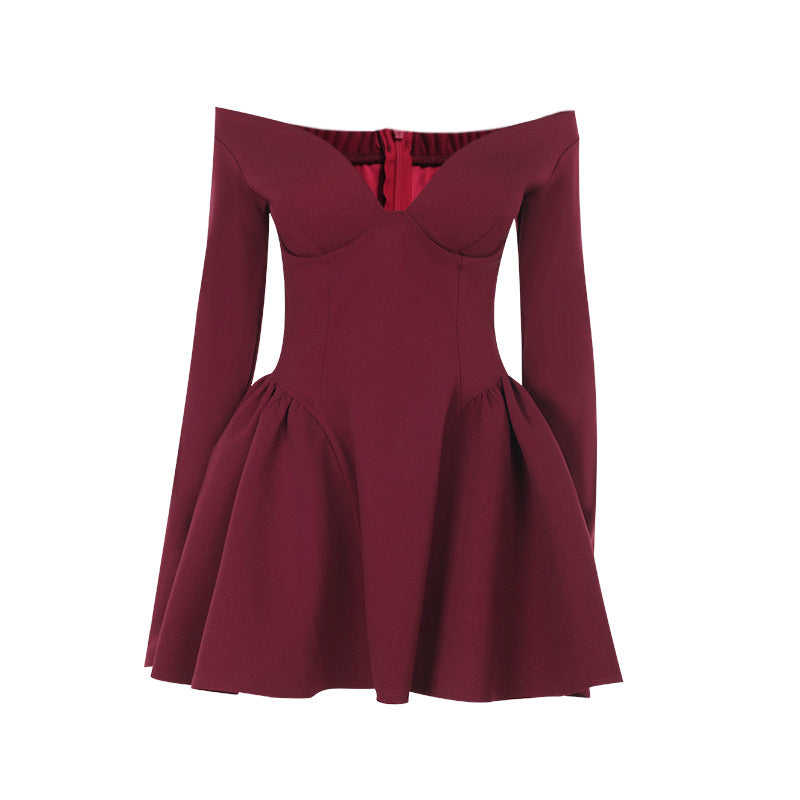 Women Elegant Solid Color Waist Long Sleeve Dress