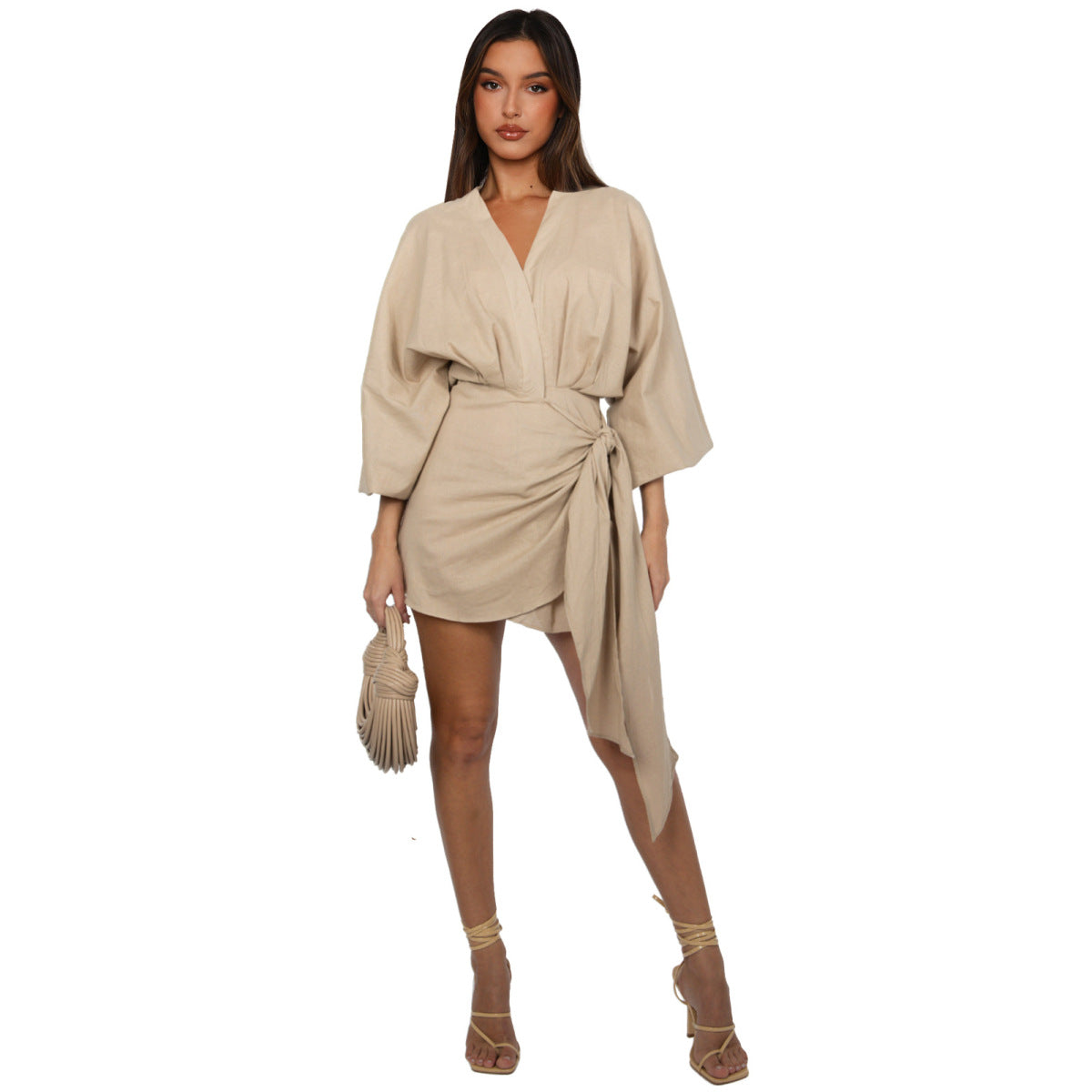 Robe mi-longue en lin à col en V et manches bouffantes pour femme