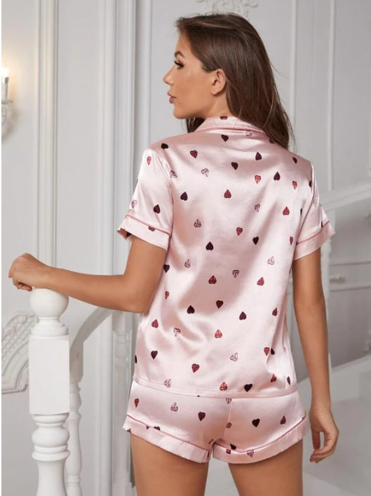 Women Cozy Homewear Short-Sleeved Imitation Silk Satin Pajamas