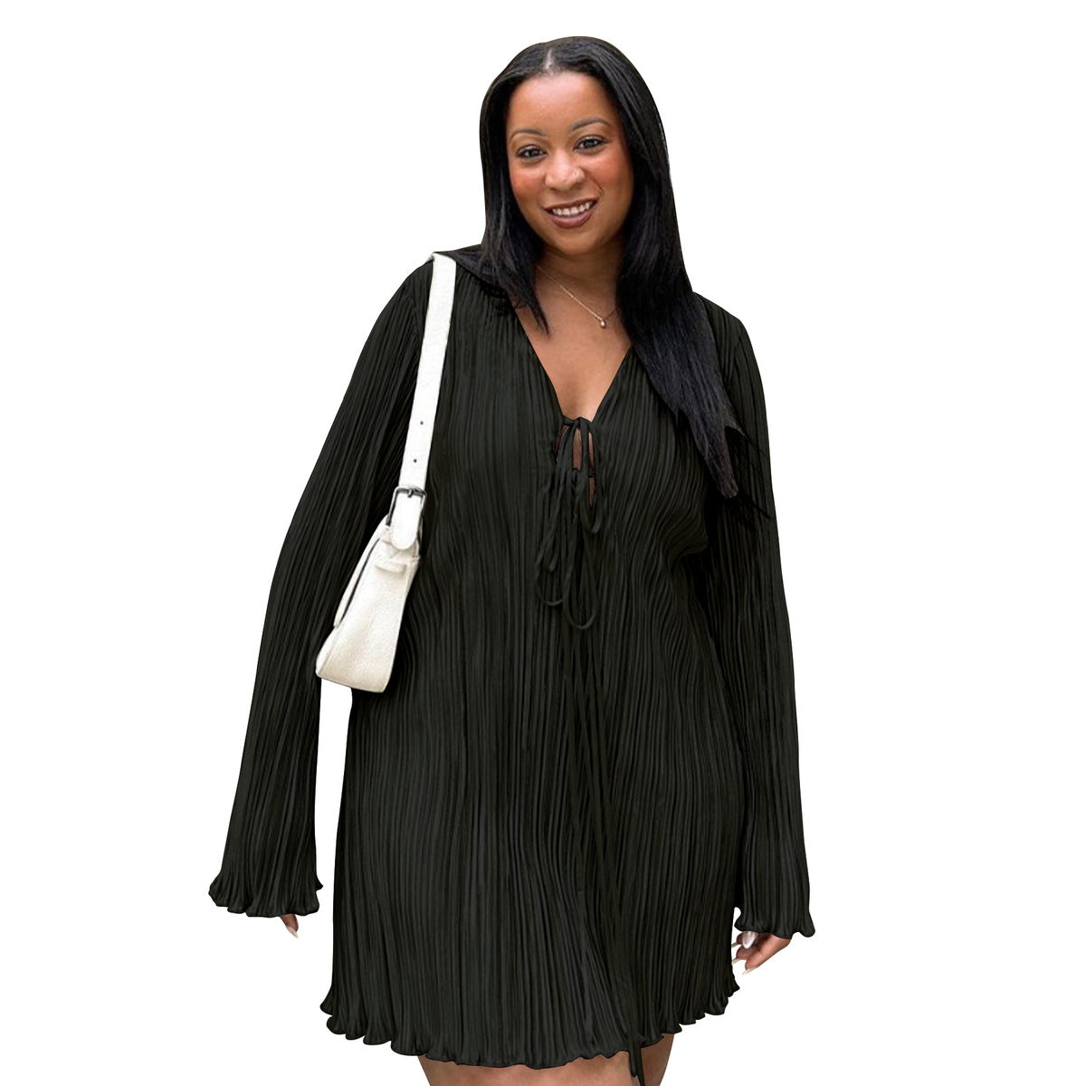 Robe décontractée à manches longues et col en V pour femme, grande taille