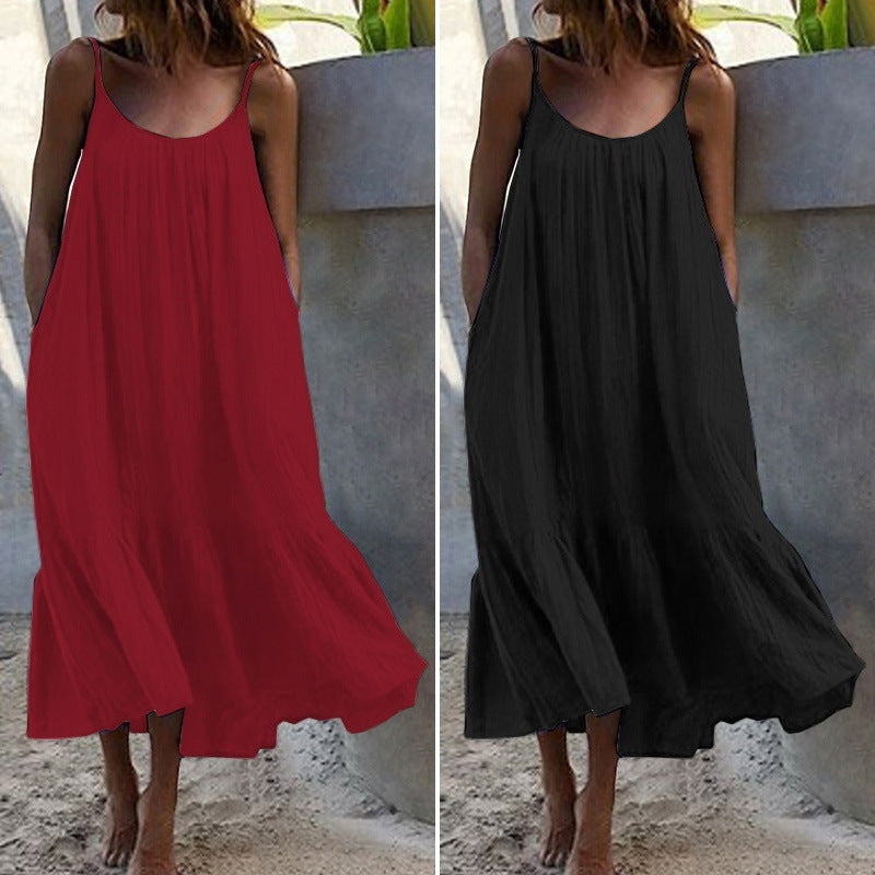 Vestido lencero holgado con volantes de color liso, estilo bohemio e informal para mujer