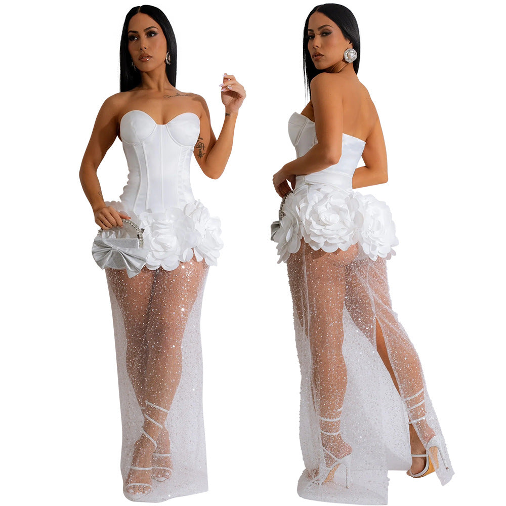 Women Sexy Solid Color Tube Top Ruffled Mesh Party Dress