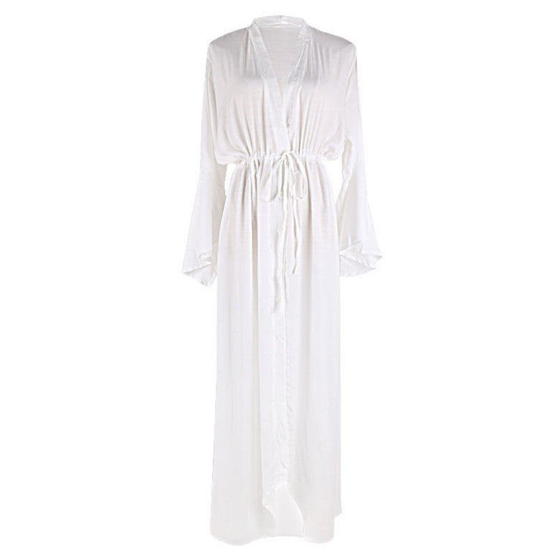 Women Casual Vacation Solid Color Long Sleeve Cover-Up