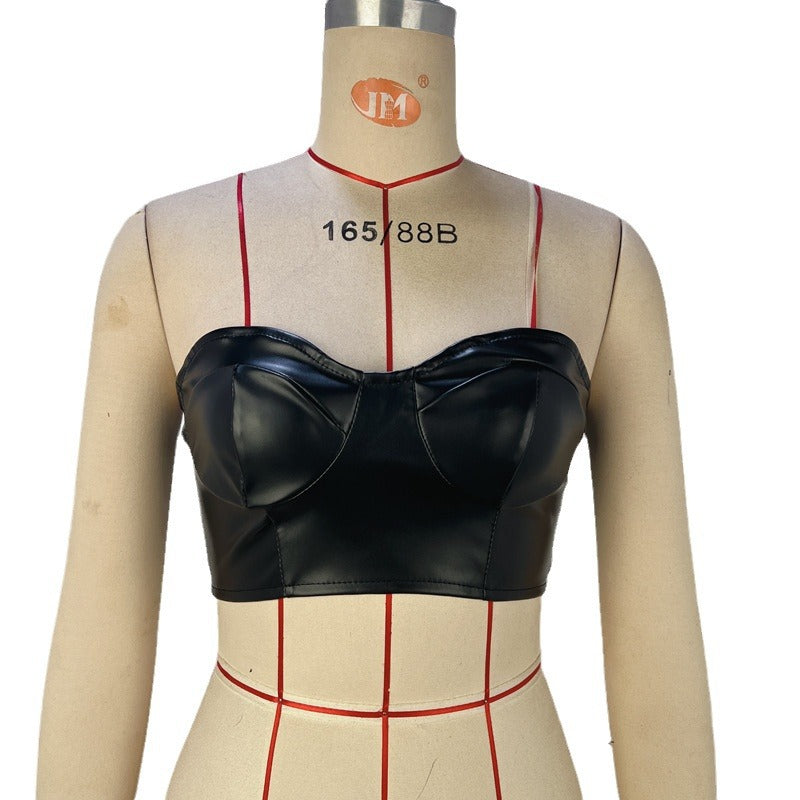 Top sexy sin tirantes de PU de color sólido para mujer