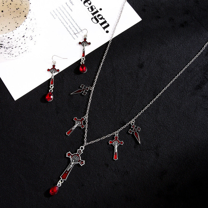Conjunto de joyas de cruz de murciélago gótica oscura para mujer de Halloween