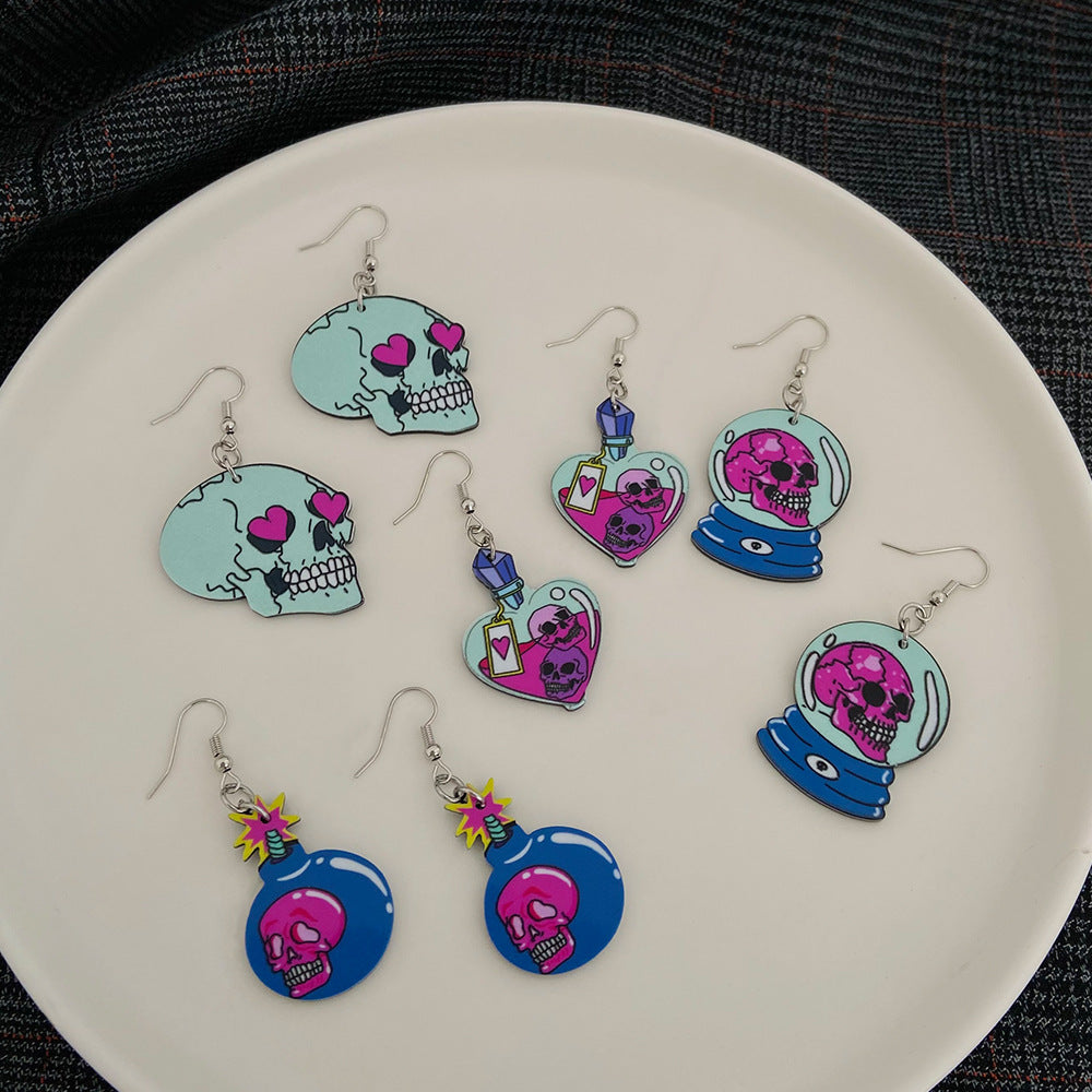 Halloween Women Fashion Creative Bat Skull Acrylic Earrings