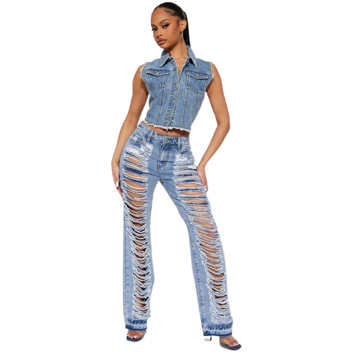 Jean évasé en denim micro-extensible déchiré pour femme, bleu ciel