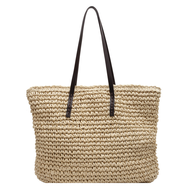 Bolso tote tejido de paja de color sólido, informal, de moda para mujer, con gran capacidad