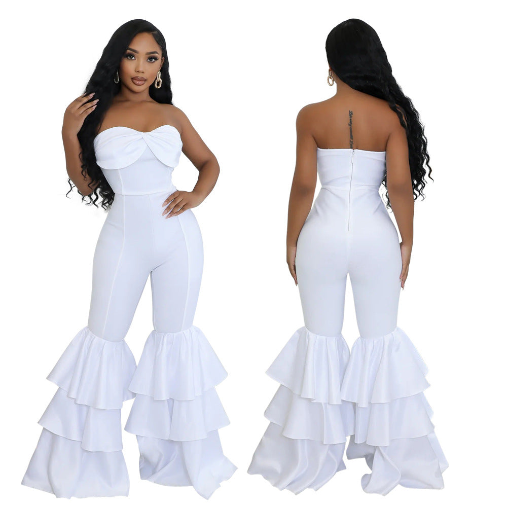 Women Fashion Sexy Strapless Ruffled Jumpsuit