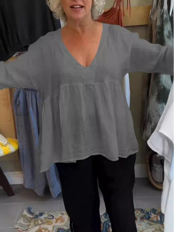 Women Casual Solid Cotton Linen V-Neck Blouse