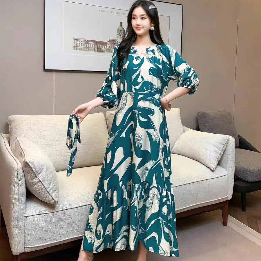 Vestido informal de gasa con cuello en V y estampado para mujer