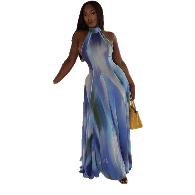 Robe longue élégante à imprimé dégradé et col licou pour femme