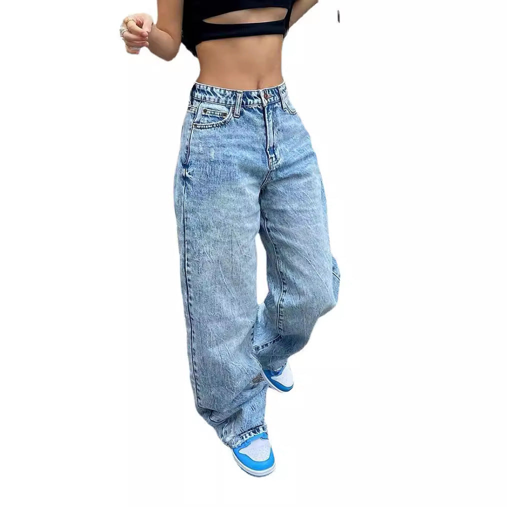 Jean slim décontracté pour femme, taille haute et jambe droite