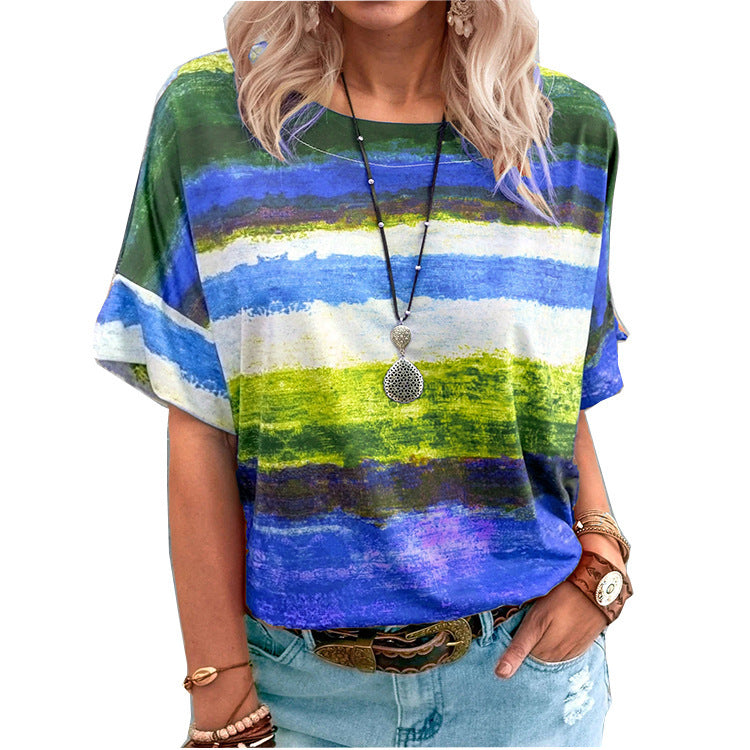 T-shirt décontracté à manches courtes en coton mélangé pour femme, imprimé multicolore